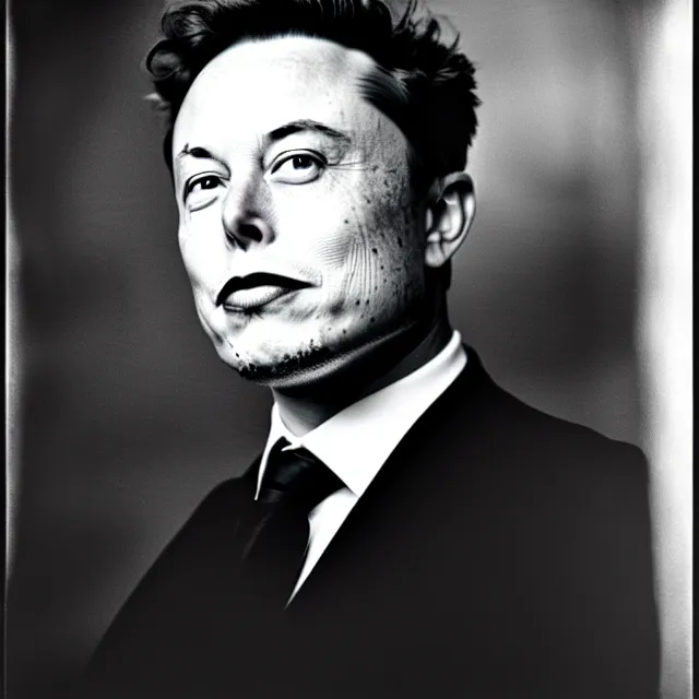Image similar to a vintage photograph of Elon Musk by Julia Margaret Cameron, portrait, 40mm lens, shallow depth of field, split lighting