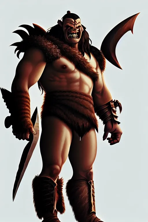 Image similar to orc barbarian wearing leather armor, full body shot, exquisite details, earth magic, mid view, design on a white background, by studio muti, greg rutkowski, makoto shinkai, takashi takeuchi, studio ghibli