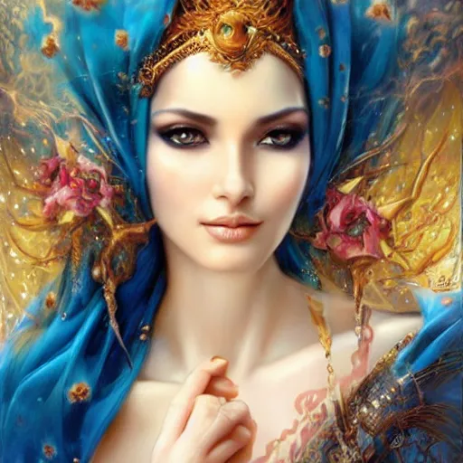 Image similar to a beautiful arabian woman by karol bak, ayami kojima, artgerm, arabian beauty, blue eyes, smile, concept art, fantasy