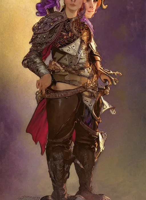 Image similar to a gender neutral hobbit wearing leather armour and a purple smoking jacket, short brown hair. golden wings. fantasy concept art. moody epic painting by james gurney, and alphonso mucha. artstationhq. painting with vivid color. ( dragon age, witcher 3, arcane, lotr )