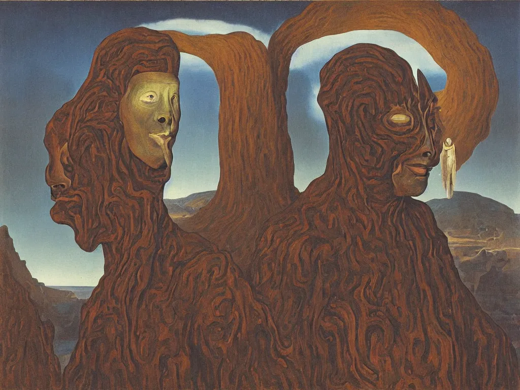 Image similar to Portrait of strange man, african mask, very elongated head, with moth antennae entering the toxic, phosphorescent river flowing from the factory. Apocaliptic skies. The glowing rock in the lithium desert. Painting by Jan van Eyck, Rene Magritte, Jean Delville, Max Ernst, Walton Ford