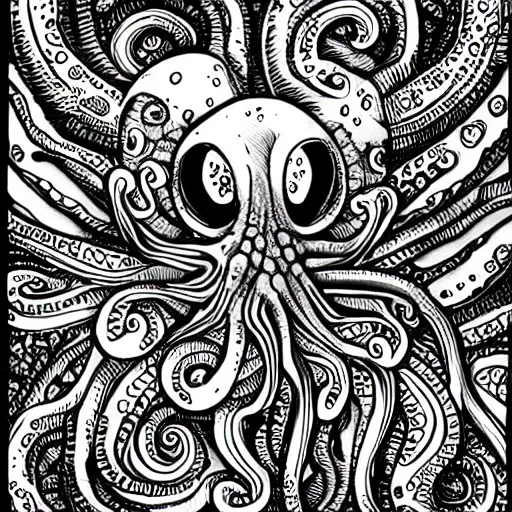 Image similar to detailed intricate black and white illustration of an alien octopus