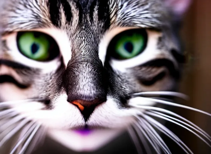 Prompt: up close fisheye lens photo of a cats face, fisheye lens