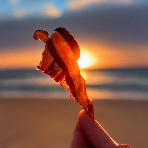 Image similar to a slice of bacon standing on the beach as the sun sets, civil twilight, backlit, photo realistic, 8 k