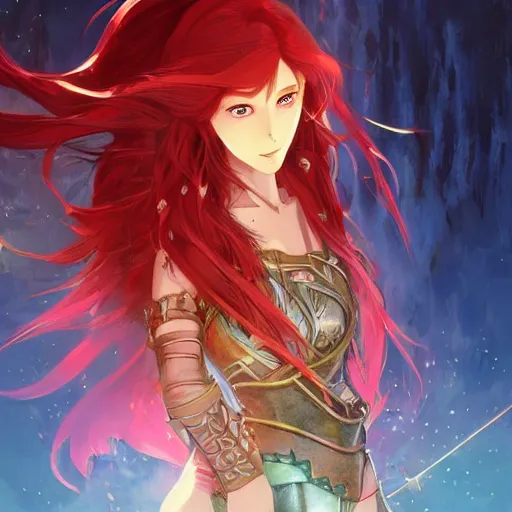 Image similar to a female elven cleric with red long hair in a very good beautiful heavy scale armor, wearing a cape, casting a fire spell, dungeon background, magical, bright, colorful, fantastic lighting, amazing details, 4 k uhd, illustration by hayao miyazaki and makoto shinkai and ilya kuvshinov, artstation, pixiv,