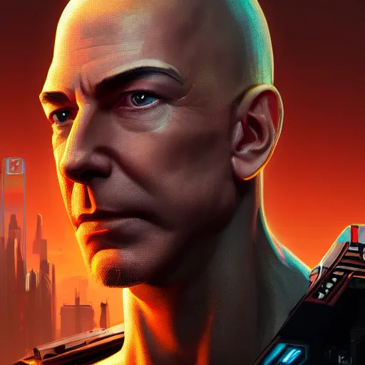 Prompt: front view, imposing, ominous portrait of cyborg Jeff Bezos as a cyberpunk 2077 loading screen, symmetry, front view, intricate, studio, art by anthony macbain + greg rutkowski + alphonse mucha, concept art, 4k, sharp focus