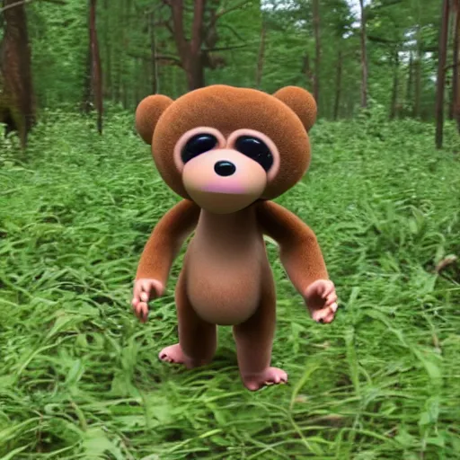 Prompt: trail cam footage of cheburashka