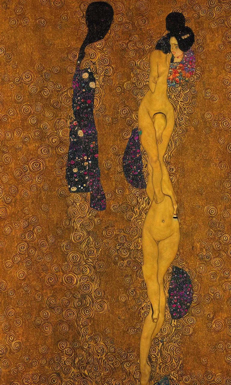 Image similar to a human figure in state of bliss and enlightenment, fireworks, intense sunshine, in the style of Gustav Klimt, 8k, extremely detailed, Trending on artstation, golden color scheme