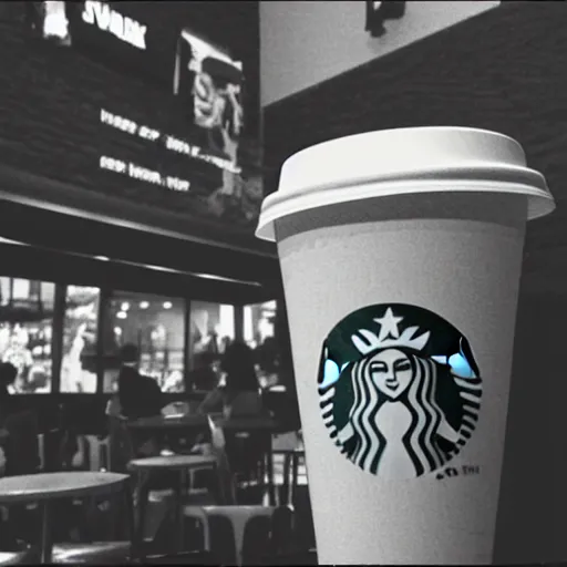 Image similar to a monster caught on cctv camera drinking at starbucks, blurry, photo realistic