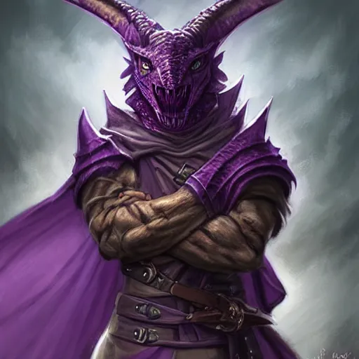 Prompt: ferocious purple dragonborn, wearing a cape, tiny, small, short, wizard robe, sinister and stylish, pretty, beautiful, dnd character art portrait, matte fantasy painting, deviantart artstation, by jason felix by steve argyle by tyler jacobson by peter mohrbacher, cinema