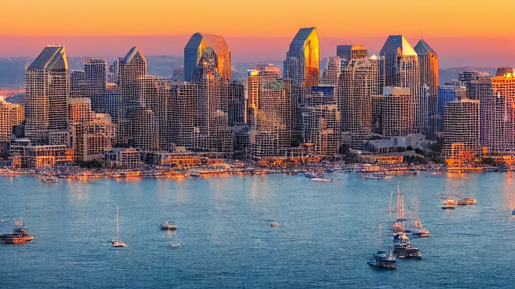 Prompt: a beautiful photo of downtown San Diego at sunset, 8k, award-winning photography