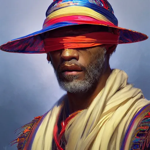 Prompt: portrait of a blindfolded man in multicolored robes, a large straw hat, detailed face, highly detailed, cinematic lighting, digital art painting by greg rutkowski