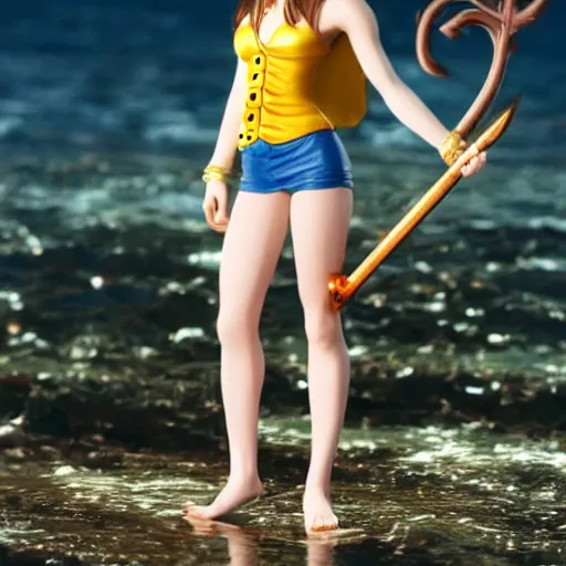 Image similar to a full body photo of emma watson as nami from one piece holding a trident in one hand, award winning photography, 50 mm, perfect faces.