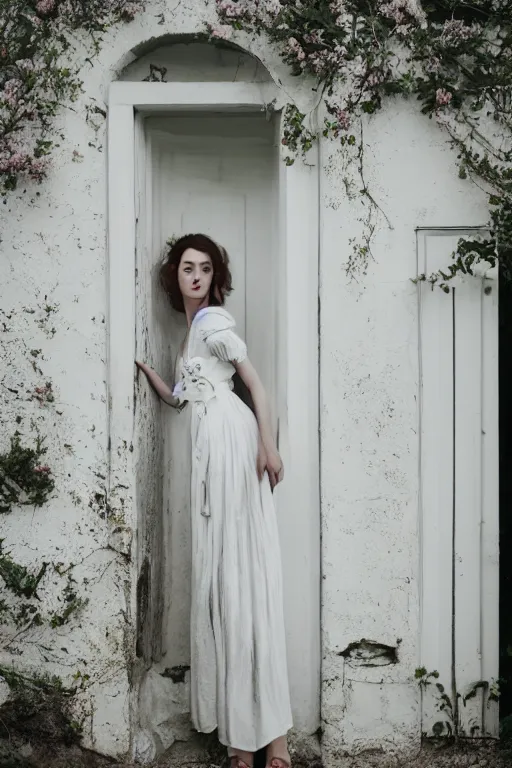 Image similar to a beautiful portrait photography of a female in beautiful dress standing by the white door ， by monia merlo, full body, fashion, romanticism, flowers, modern. model.