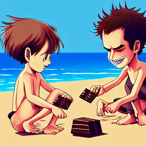 Image similar to andy murray eating chocolate on the beach, sunshine, illustration, manga, anime, trending on artstation