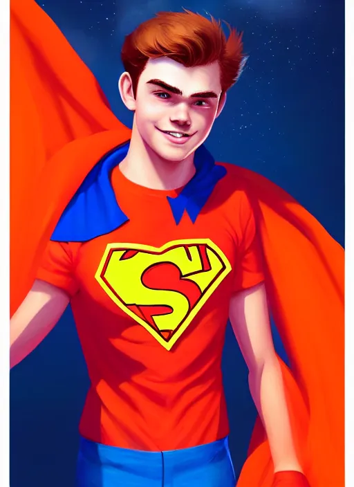 Image similar to friendly teenage archie andrews wearing an orange superhero costume with heart logo, freckles, pureheart the powerful, heart emblem on chest, blue cape, intricate, elegant, glowing lights, highly detailed, digital painting, artstation, sharp focus, illustration, art by wlop, mars ravelo and greg rutkowski