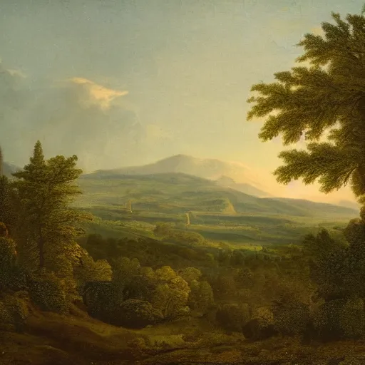 Prompt: Photograph of a forested landscape with a town in the distance. Detailed, well lit.