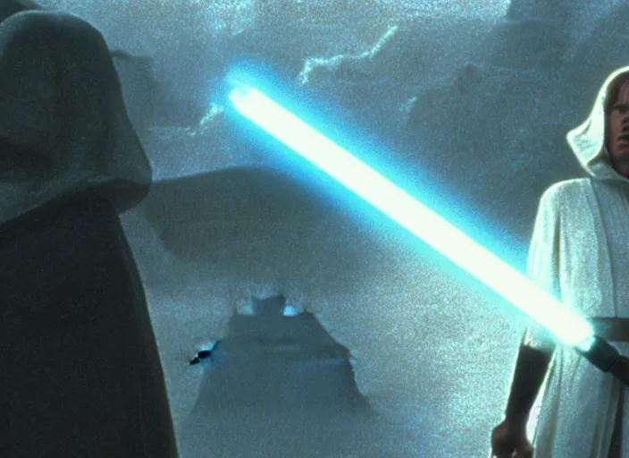 Image similar to epic still of Luke Skywalker using lightsaber against white robe female sith lord in foggy environment, approaching an ancient temple in the distance, iconic scene from the 1980s film directed by Stanley Kubrick, cinematic lighting, kodak film stock, strange, hyper real, stunning moody cinematography, with anamorphic lenses, crisp, detailed portrait, 4k image