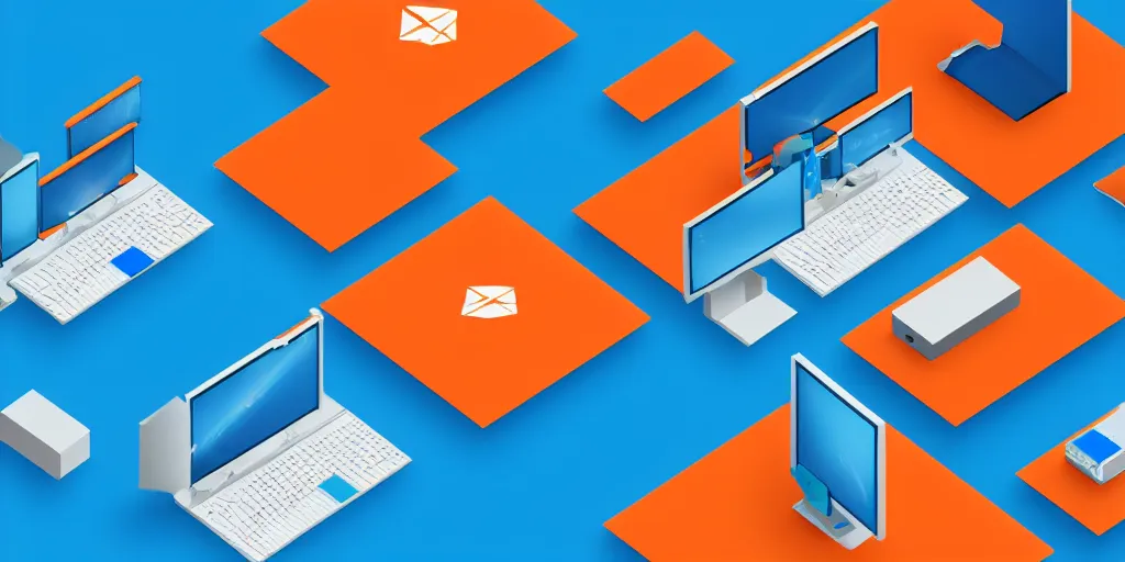 Image similar to Many computers interconnected, isometric view from above. Minimalistic design, contemporary design, infographics. Logo. Blue, cyan and orange palette. Vivid, 8K, Epic, Masterpiece