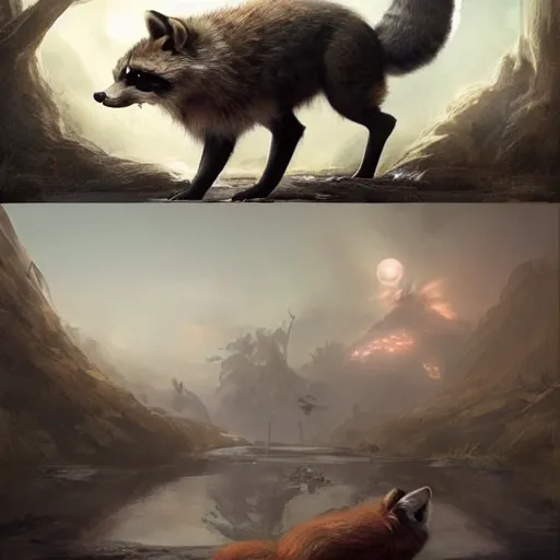 Prompt: a ultradetailed beautiful concept art of a chimera composed by a raccoon and a fox concept art, high resolution 4 k, by tom bagshaw, greg rutkowski, charli bowater and artgeem