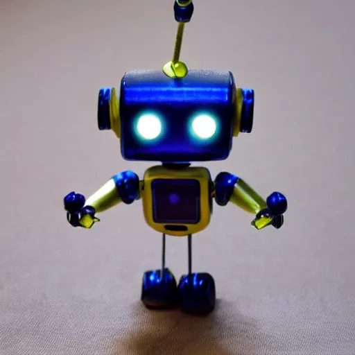 Image similar to a cute little robot, sit on a pin with a lit candle in the background by maxvanzwerg