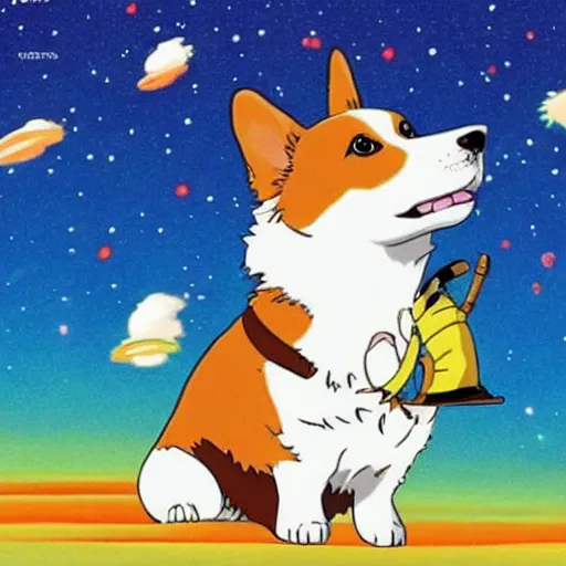 Prompt: corgi floating in space, in the style of hayao miyazaki, scene from the movie spirited away, happy, colorful, beautiful, anime