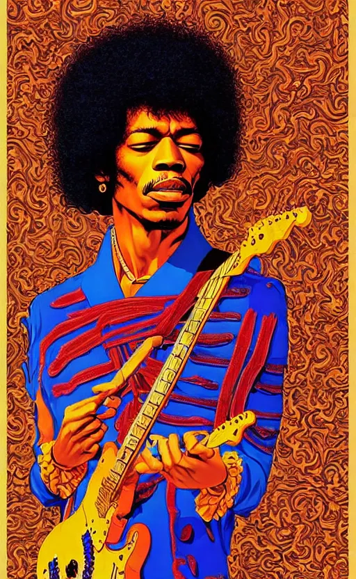 Image similar to an awesome jean giraud graphic art of jimi hendrix in the style of a renaissance masters portrait, new age symbolism and tibetan book of the dead imagery, intricately detailed, 4 k