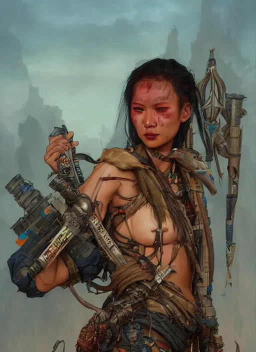 Image similar to hyper realistic photography portrait of postapocalyptic religious occult cyberpunk asian cyborg tribal amazon cinematic, brom, mucha, moebius juan gimenez artstation, cgsociety