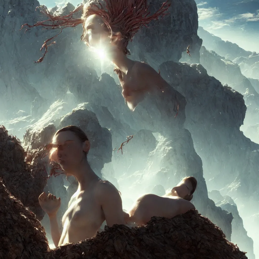 Prompt: extremely detailed cinematic movie still 3 0 7 7 portrait shot of phoenix princess 1 8 years old white woman hyperreal skin face at the mountain top by denis villeneuve, wayne barlowe, simon birch, marc simonetti, philippe druillet, beeple, bright volumetric sunlight from remote star, rich moody colors, closeup, bokeh