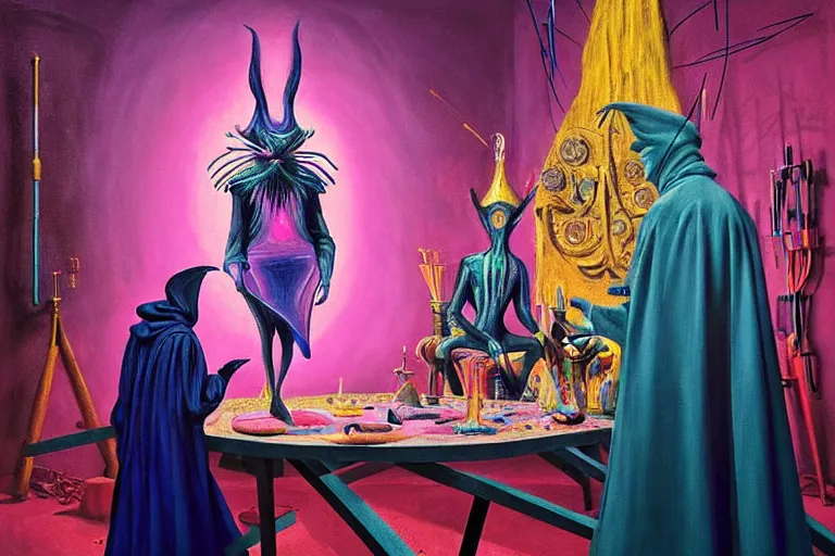 Image similar to a masterpiece painting in the laboratory of a technomancer wizard, in dazzle camouflaged robes, pointed hood, discussing sentience with his al djinn by remedios varo and anato finnstark and greg rutkowski and andy warhol and francis picabia. dayglo pink and blue, prismatic, pearlescent, raven black, glowing, hyperrealism, trending on artstation