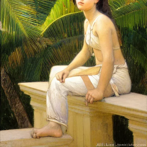 Image similar to a ultradetailed beautiful painting of a girl in the amazonas palace balustrade designed by jules bastien - lepage, tarsila do amaral, frank weston and gustave baumann, beach, trending on artstation, mediterranean, palm trees, detailed face, sharp focus, soft light, 8 k 4 k