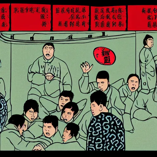 Image similar to chinese men in a prison, heart kidney lungs, in the style of daniel johnston and outsider art, 4k, overlaid with chinese text