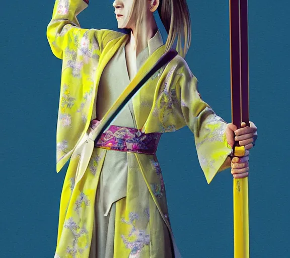 Prompt: breathtaking detailed pattern pastel colors, cinematic action scene from kill bill, with uma thurman in yellow kimono, swinging katana sword by hsiao - ron cheng and tarantino, exquisite detail, enhanced eye detail