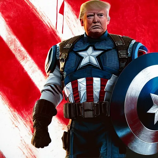 Prompt: portrait of donald trump as captain america in gears of war, splash art, maga, patriot, movie still, cinematic lighting, dramatic, glowing, ray tracing, octane render, long lens, shallow depth of field, bokeh, anamorphic lens flare, 8 k, hyper detailed, 3 5 mm film grain