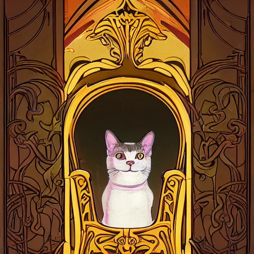Prompt: a cat wearing a hooded cloak, in an elevator with art nouveau neon panelling, by pascal blanche and james jean moebius and james gurney and greg rutkowski, 8 k