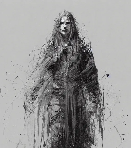 Image similar to portrait of man with long blond hair tied up wearing black robes, pen and ink, intricate line drawings, by craig mullins, ruan jia, kentaro miura, greg rutkowski, loundraw