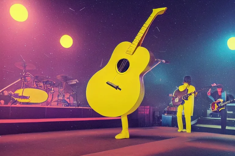 Image similar to the beatles performs with guitar on a yellow spaceship, art by mike winkelmann, trending on cgsociety, retrofuturism, darksynth, sci - fi