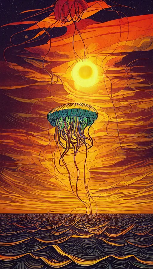 Prompt: The jellyfish of the sunset sky, italian futurism, Dan Mumford, da vinci, Josan Gonzalez