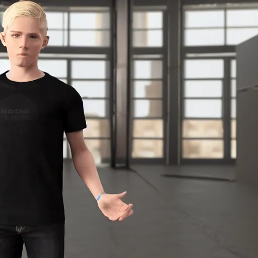 Image similar to a detailed full body image of boy with blonde hair and blue eyes wearing a black tshirt, unreal engine 5 rendered, incredibly highly detailed and realistic, 8 k, sharp focus, studio quality