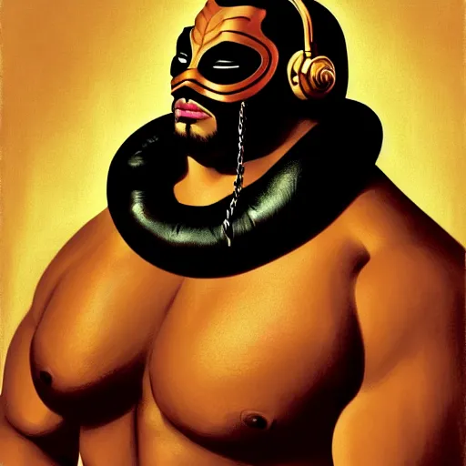 Image similar to portrait of lucha libre dj, muscular, headphones, thick golden ring around the neck, fantasy, intricate, elegant, highly detailed, digital painting, artstation, concept art, smooth, sharp focus, illustration, art by tom of finland and artgerm and greg rutkowski and alphonse mucha