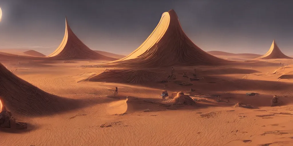 Image similar to dune city and temples of arrakis, arrakeen, arab ar architectural and brutalism and gigantism, from frank herbert novels, composition idea concept art for movies, style of denis villeneuve and greg fraiser