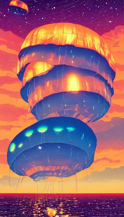 Prompt: The luminous jellyfish floating in starlit sunset sky, italian futurism, Dan Mumford, da vinci, Josan Gonzalez