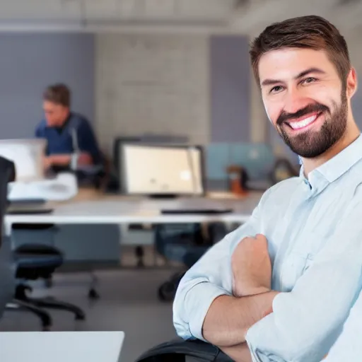 Image similar to smiling software engineer in chair