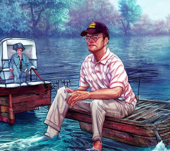 Image similar to Tom hanks as forrest gump sitting in a giant shrimp boat, majestic beautiful world, digital art, amazing detail, artstation, in the style of hayao miyazaki