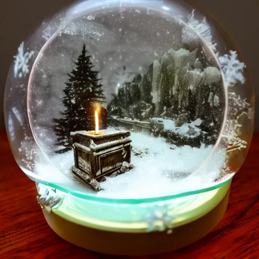 Image similar to Snow globe, candles, Gustav Klutsis, Fallout, Pietro Fragiacomo, Legend of Zelda, mist, snow, pine tree, Aloe vera, swamp, dollar bill, shed, album art,