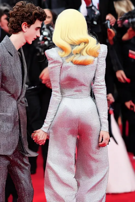 Image similar to timothee chalamet and lady gaga holding hands on the red carpet, beautiful detailed faces, high resolution, 4 k 8 k