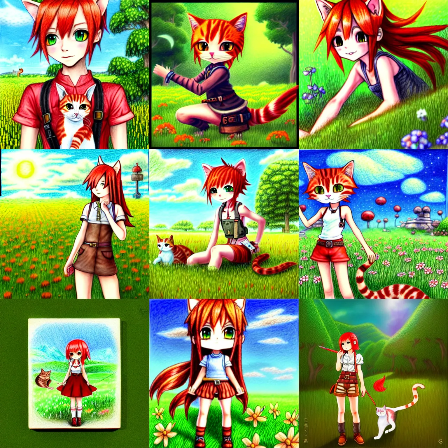 Prompt: an absurdly-detailed colored-pencil drawing as a fancy square tile, a cute adventurer, a short-red-haired cat-girl painted in final fantasy style, wearing a simple outfit. Summer sun in verdant fields.