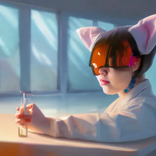 Prompt: girl with cat ears wearing a labcoat in a biology lab, microscope on table, expressive oil painting, trending on artstation, sunlit, octane render, brushstrokes, beautiful face portrait, beautiful lighting