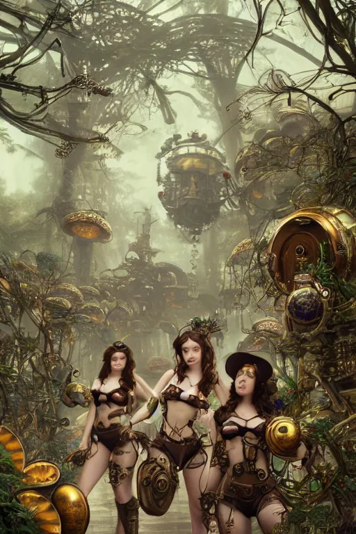 Prompt: beautiful moody portrait of a sexy steampunk schoolgirls wearing a bikini armour of jewels and giant golden beetles, giant mushrooms and vegetation in a forest , huge mechanical clocks in the background, intricate details, realistic shaded , steampunk, highly detailed, artstation, pretty pretty face, illustration by Greg Rutkowski and Ruan Jia and bouguereau, octane render, dynamic light, volumetric light, neon lights, cinematic mood