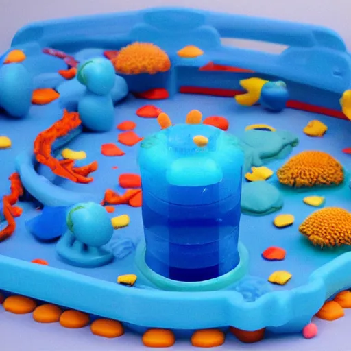 Prompt: coral reef made of fisher-price plastic, filled with blue goo, surrounded by monolithic mirrors 85mm scene from a tv show 55mm-W 768